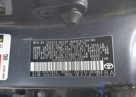 2016 Toyota Corolla Le из США, поврежденный, VIN 5YFBURHEXGP535287